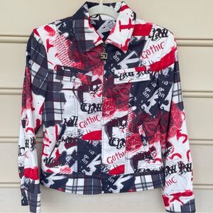 St. John Gothic Morbid Graffiti Print White Black Red Blazer Size Petite